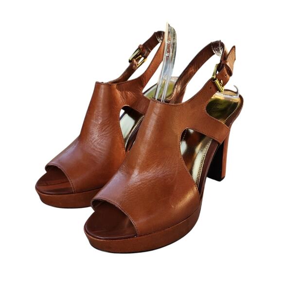 Lauren Ralph Lauren Synthia Cognac Leather Platform Slingback Sandals 10 - Picture 2 of 15